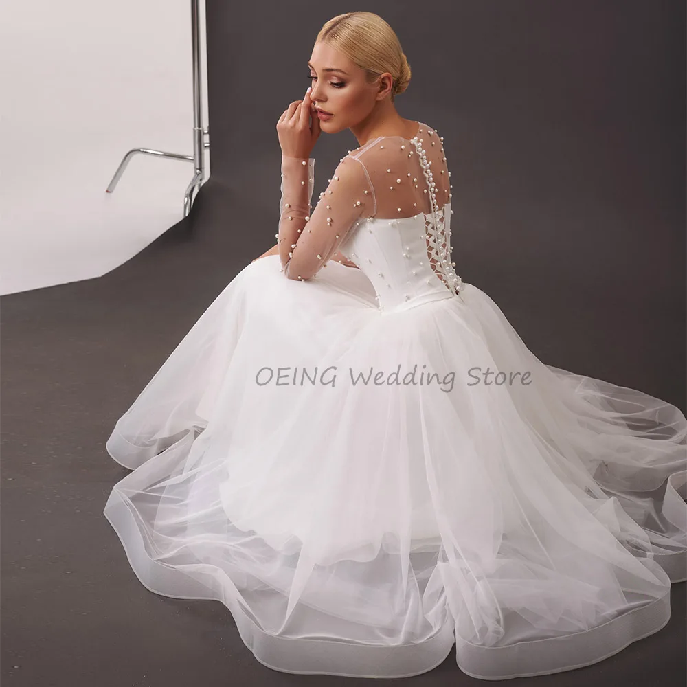 Wedding Dress 2023 Pearls O Neck Illusion Tea Length Short Bridal Dress White Tulle A Line Simple Midi Wedding Gown Long Sleeves