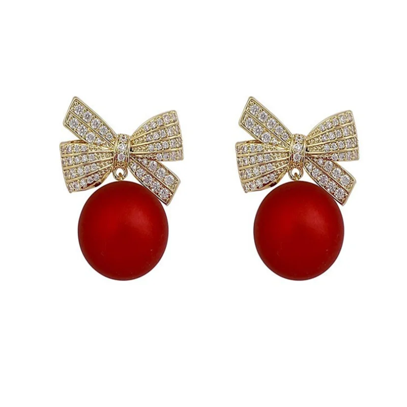 Fashion Bow shaped round bead studded diamond earrings for Christmas women's fashion earrings