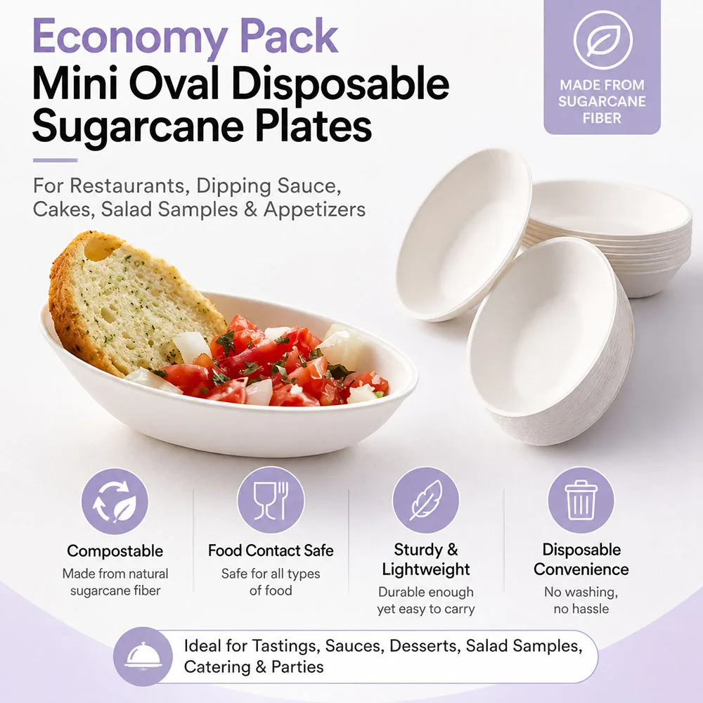 Economy Pack Super Mini Disposable Sugar Cane Syrup Cake Salad Plates for Restaurants, Dipping Saucer Plates