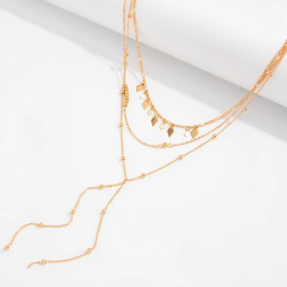 Ins Style Multi Layer Choker Rhombus Sequins Thin Bead Link Layered Chain Stack Wear Slim Drop Pendant Party Match
