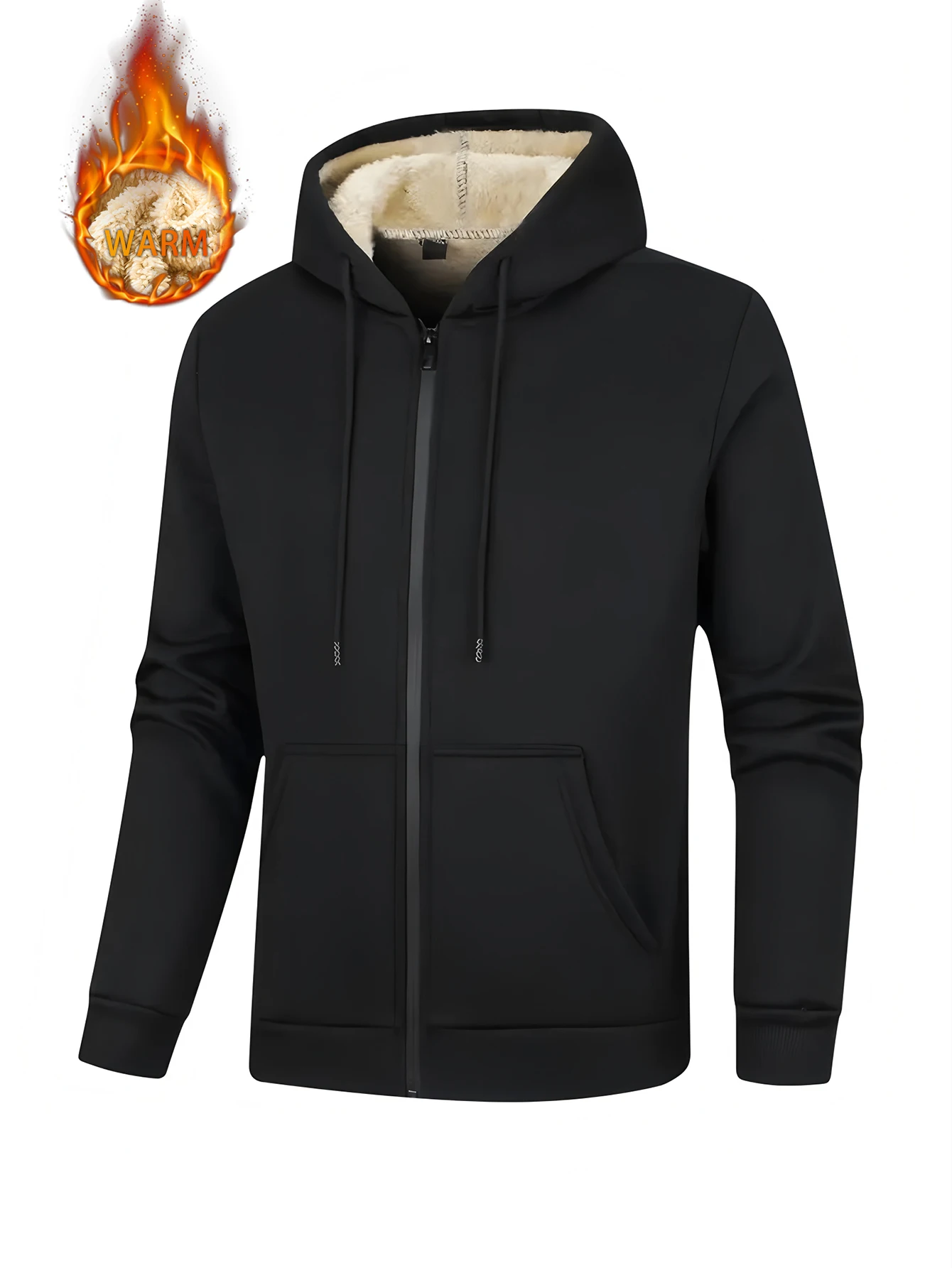 

Warm Fleece Solid Hooded Winter Hooded Jacket, Men's Casual Stretch Zip Up Jacket Coat For Fall Winter