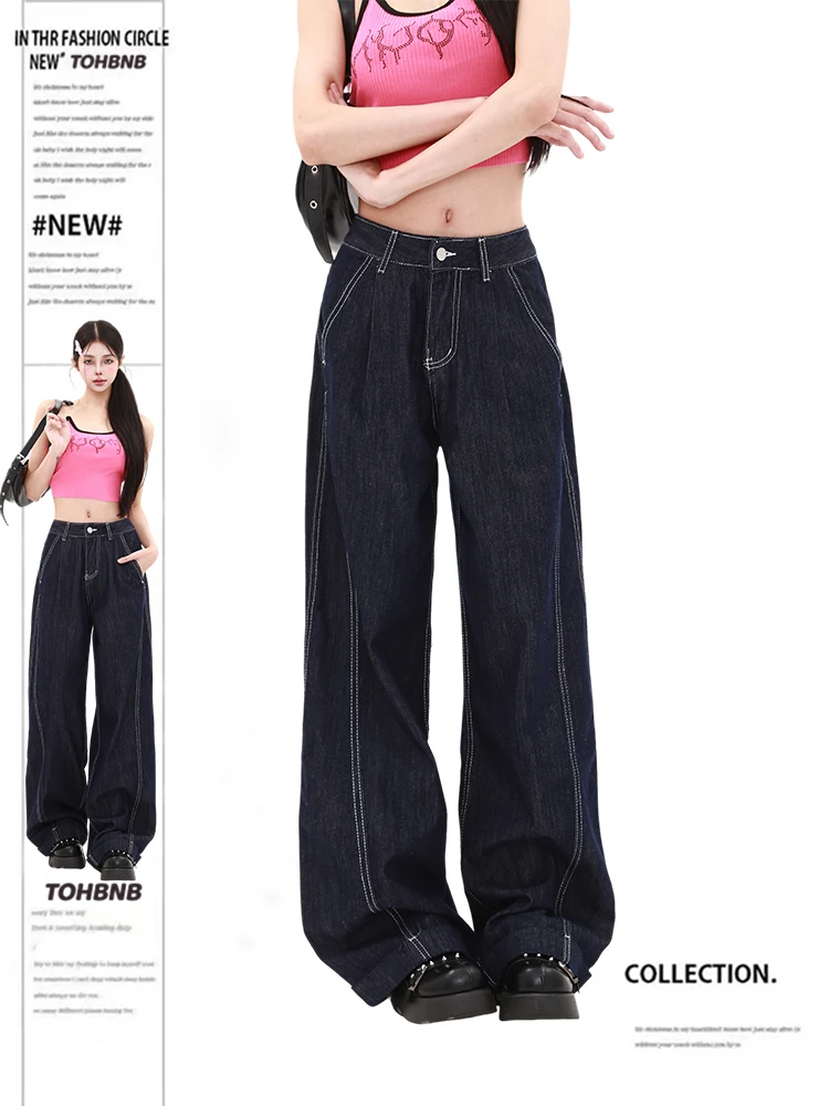 

plus Size Women's Denim Jeans Deep Blue Knife Straight Leg Wide Leg Pants Summer Design Loose Fit High Waist Long Trousers