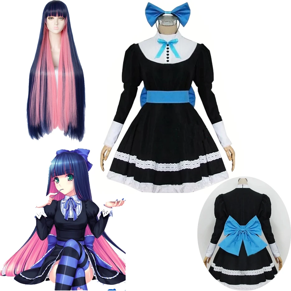 Panty & Stocking with Garterbelt Heroine Anarchy Stocking Cosplay Costume Black Dresses Long Blue Mix Pink Panty Stocking Wig