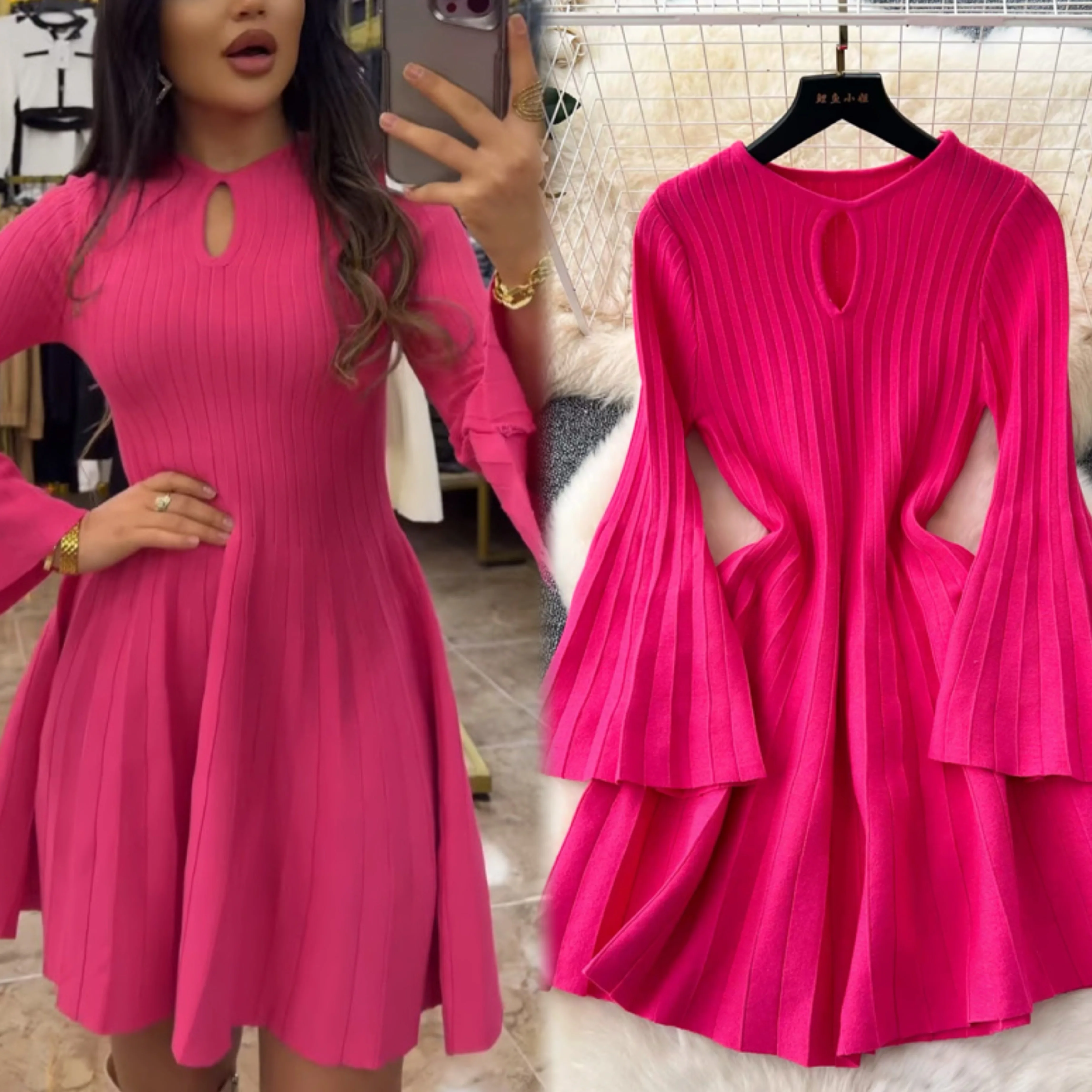 YuooMuoo Chic Mode A-linie Gestrickte Kurze Kleid 2025, Herbst Frauen Vintage Y2K Flare Hülse Pullover Kleid Koreanische Party Vestidos