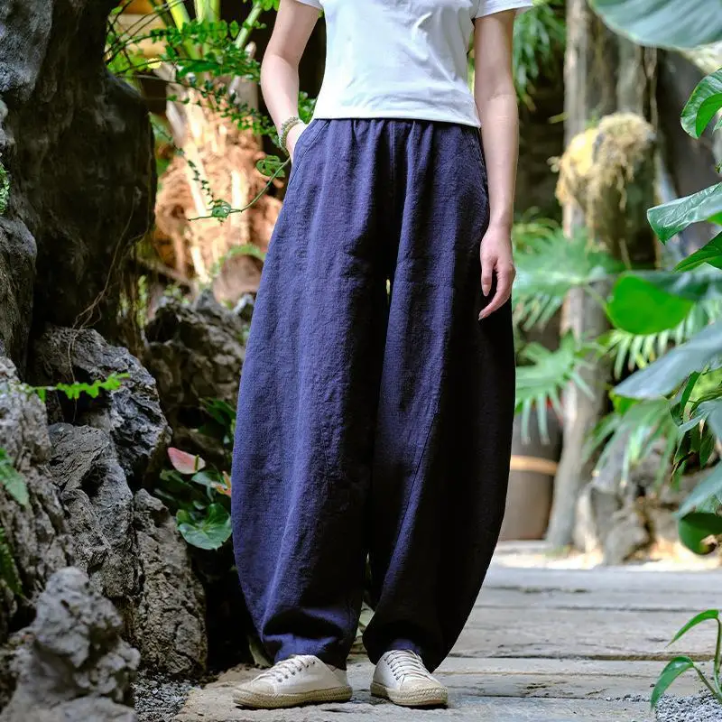 

2025 Spring Summer New Arts Style Women Elastic Waist Vintage Loose Trousers Good Quality Cotton Linen Casual Harem Pants B179