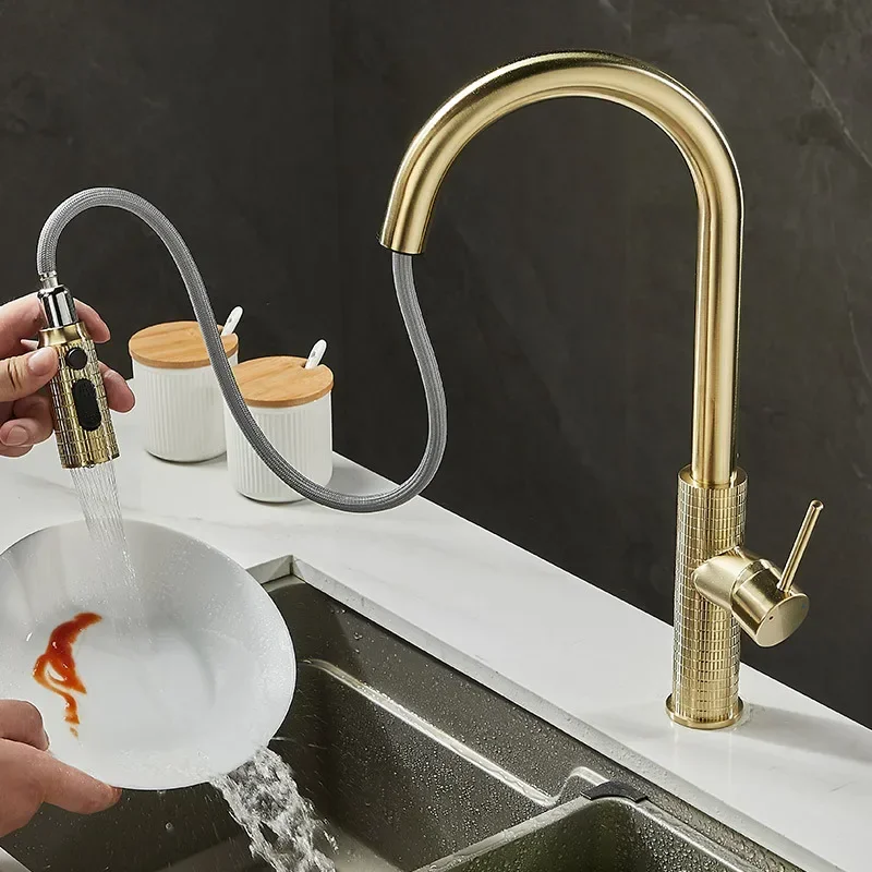 

New Kitchen Sink Faucet Single Lever Hot and Cold Pull Out Rotation Mixer Brass Gray Gold Finished Decked Carved