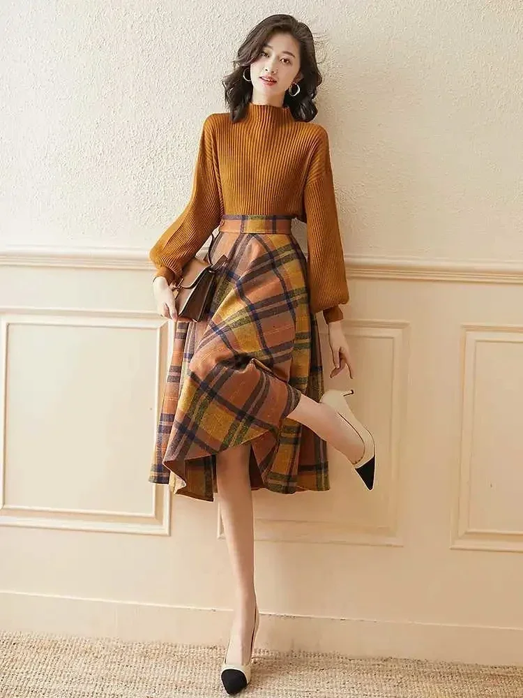 Korean Autumn Retro Sweater Suits Women Elegant Lantern Sleeve Knitted Sweater Pullover and Plaid A-line Skirt Two Pieces Sets