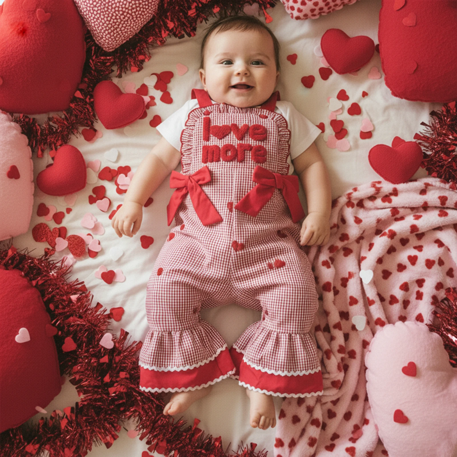 1-5Y Kids Girls Overalls Jumpsuits Plaid Heart Letters Flare Pants Bowknot  Playsuits Valentine’s Day Clothes for Casual Daily