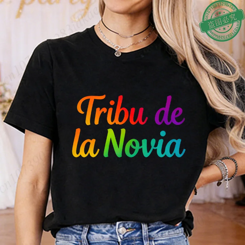 Spanish Girls Bachelorette Party Blouses Team Bride Tribe Rainbow Print Short Sleeve Tees for Bridal Shower Wedding Celebration