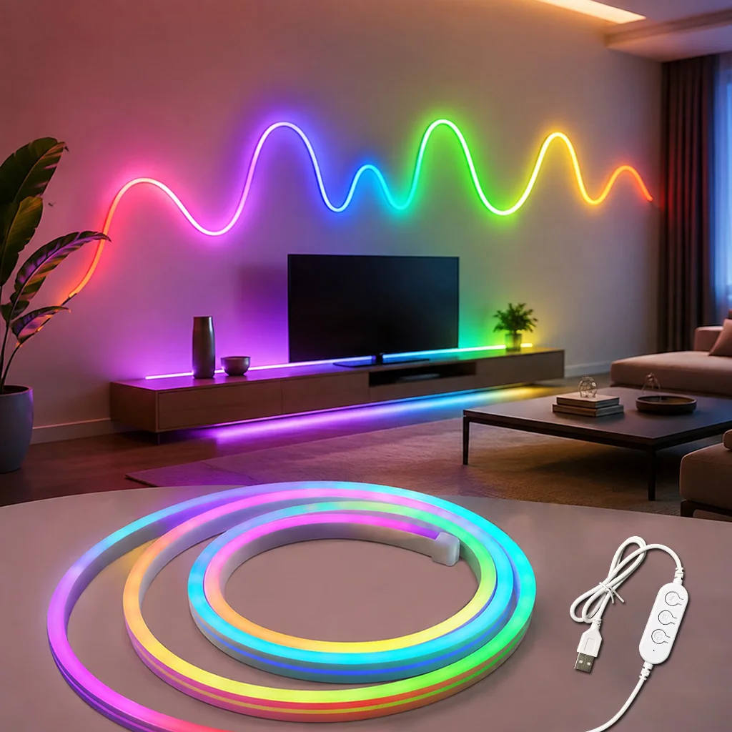 Неоновая светодиодная лента RGB длиной 1/2/3/4/5 м с управлением через приложение, 5В, синхронизация с музыкой, водонепроницаемая светодиодная лента для декора спальни и вечеринок.