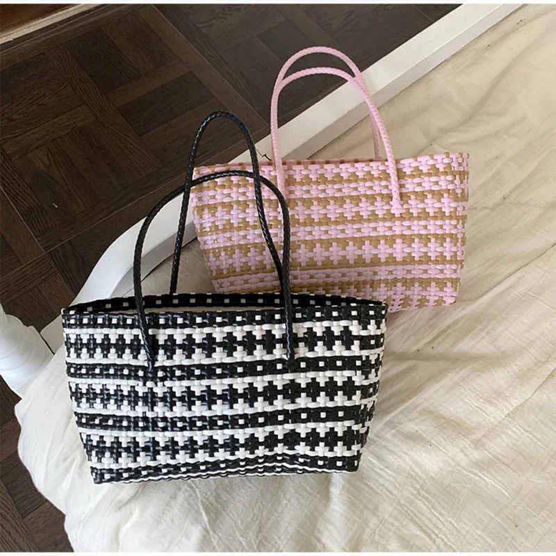Handgefertigte Colorblock-Webtasche, Damen-Sommer-Tragetasche, Sommer-Einkaufstasche für Strandurlaub, Picknick, Haustiertransport – Detail 26