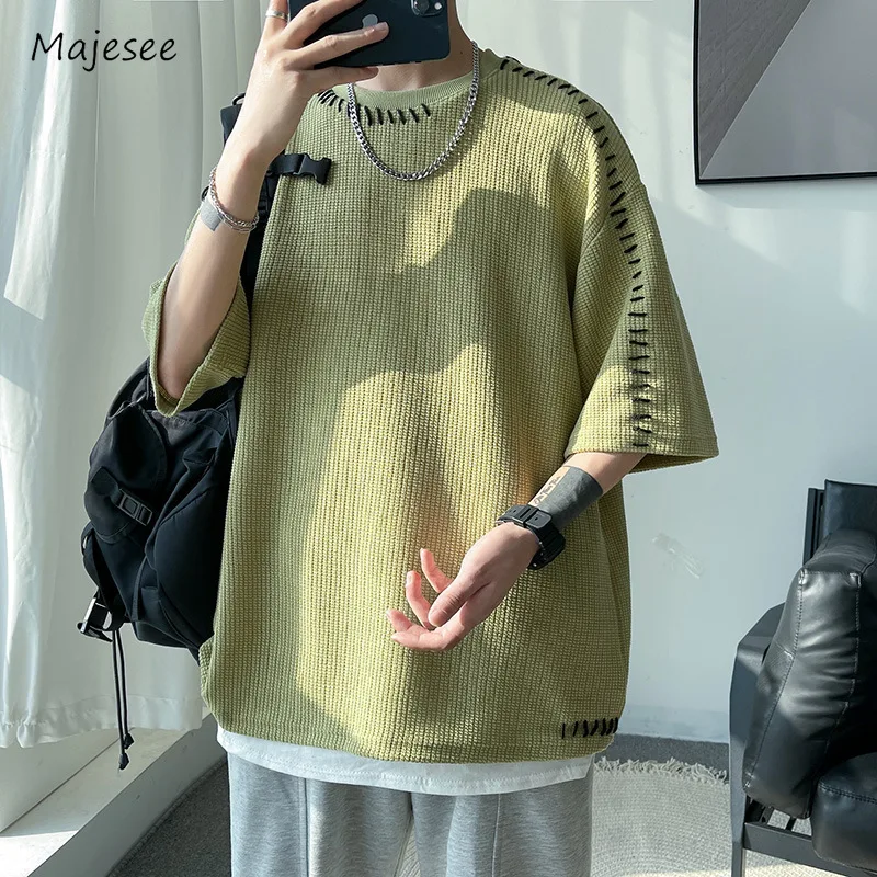 Knitting T-shirts Men Fashion Youthful Vitality Summer Half Sleeve Suture Asymmetric Japanese Style Teenagers Temperament Daily