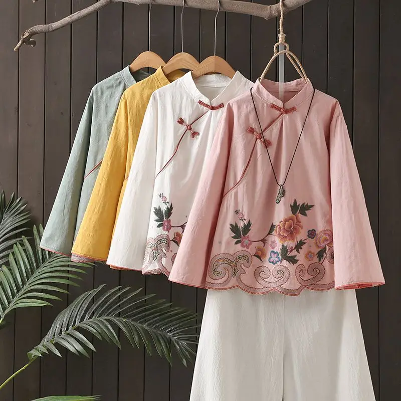 

Chinese Style Women Stand Collar Tea Clothing Cotton Linen Embroidered Long Sleeve Shirt Vintage Casual Shirt Women Hanfu Tops