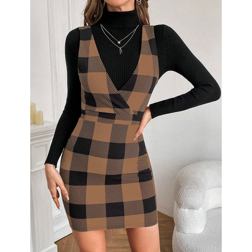 Mia Muse Women's Dresses Autumn Simple Fashion Plaid Sleeveless V-Neck Mini Cami Wrap Office Lady Dresses