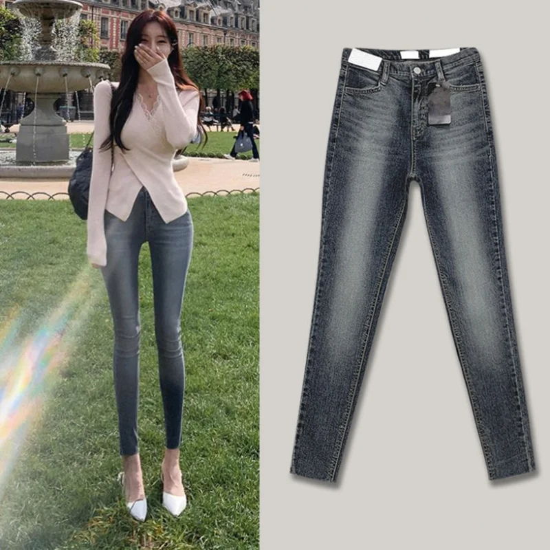 

Gray-blue distressed butt-lifting skinny jeans for women, spring and autumn Korean style, high-waisted, stretchy, slimming, ankl