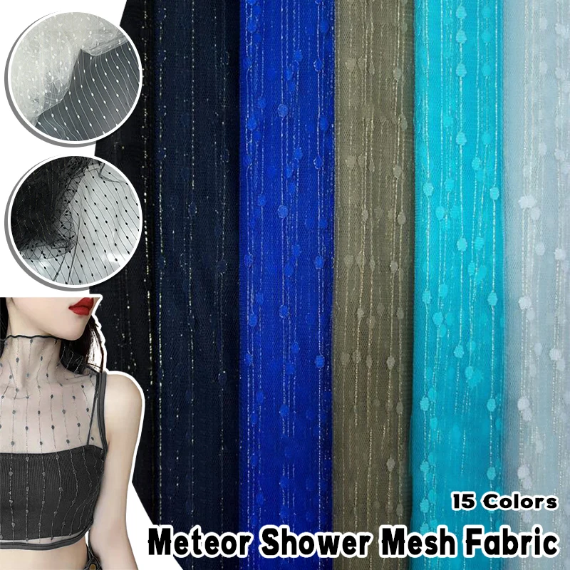 Nylon Polyester Encrypted Meteor Net Fabric with Gold Vertical Polka Dots Jacquard Mesh for Wedding Dress Clothing Decoration