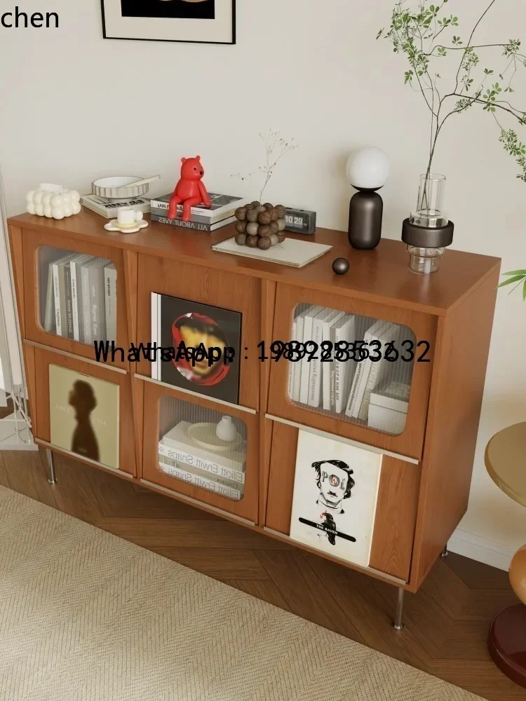b9.21-Solid Wood Bookcase with Glass Wall-Mounted Display Magazine Cabinet Vintage Style Storage Cabinet living room decoration