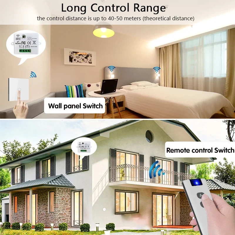 Wireless RF Smart Light Wall Switch with Remote Control Touch Wall Panel Mini Relay Receiver 110V 220V 10A (inlude battery)