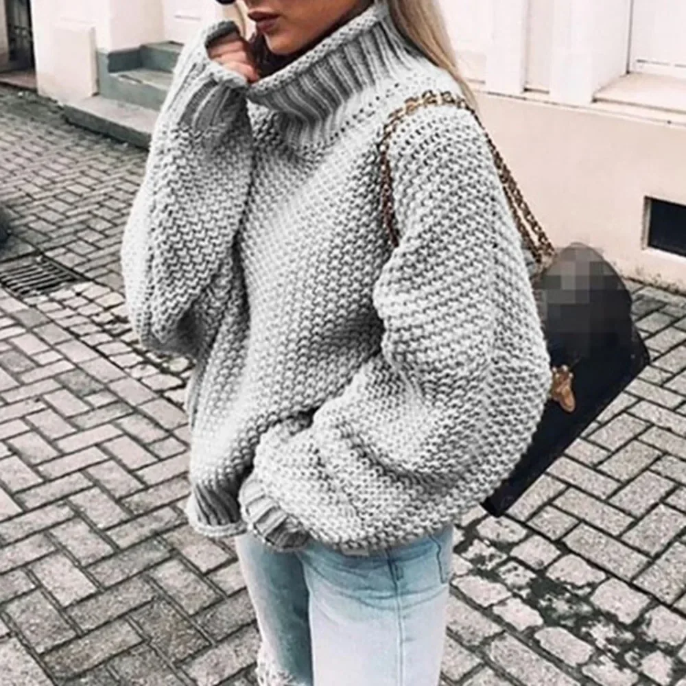 

S-XL Women Autumn Winter Warm High Neck Plain Loose Pullovers Korean Office Retro Knitwear Minimalist Turtleneck Knitted Sweater