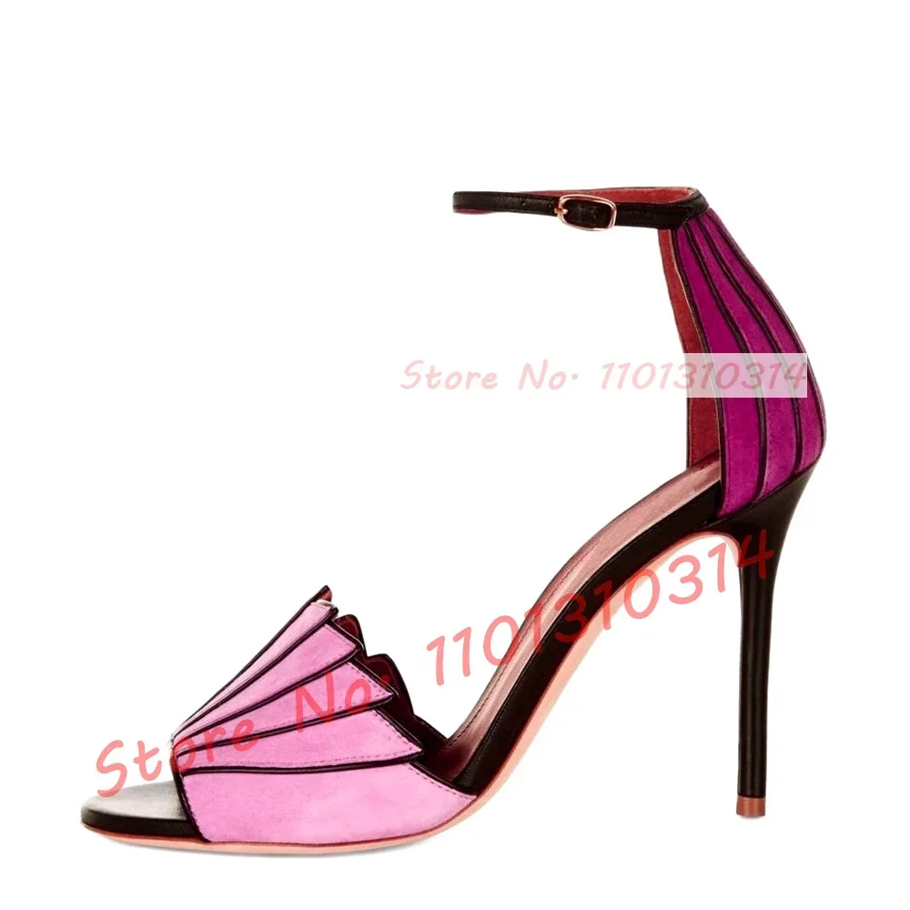 Multicolor Fan-shaped Suede Sandals Women Sweet Splicing Pink High Heels Open Toe Shoes Girl\'s Summer Party Cover Heel Shoes