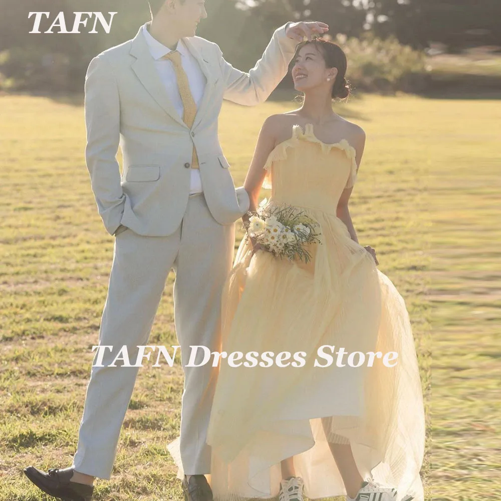 

TAFN Yellow Strapless Wedding Dresses A-line Tulle Korea Photo Shoot Bridal Gown Custom Made A-line Sweep Train Dresses