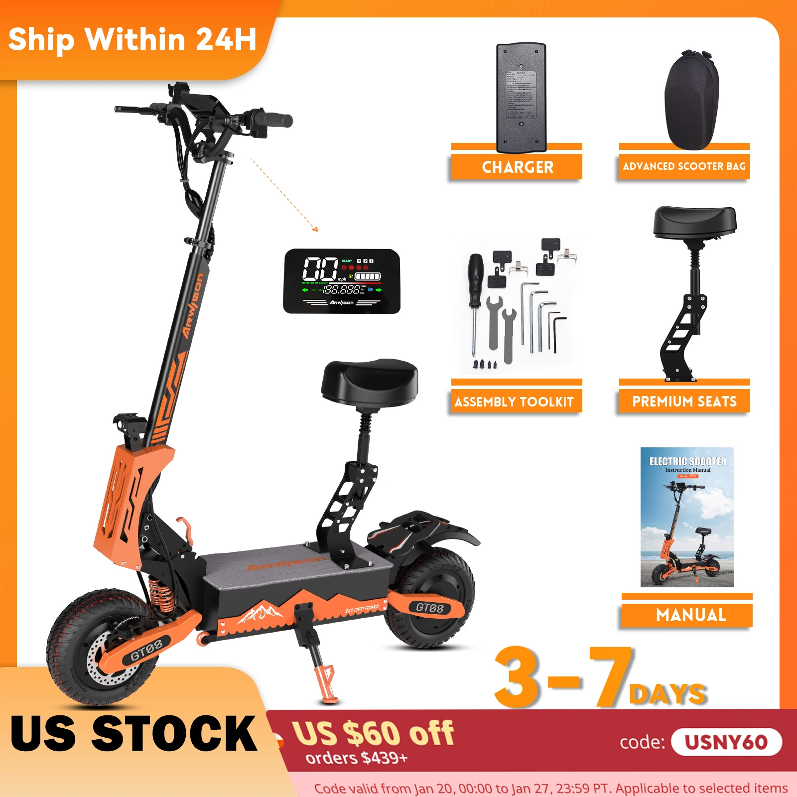 Arwibon 5600W Adult Electric Scooter Dual Motor Top Speed 50MPH,60V27AH, 11-inch Off-Road Tires Sport Folding eScooter with Seat