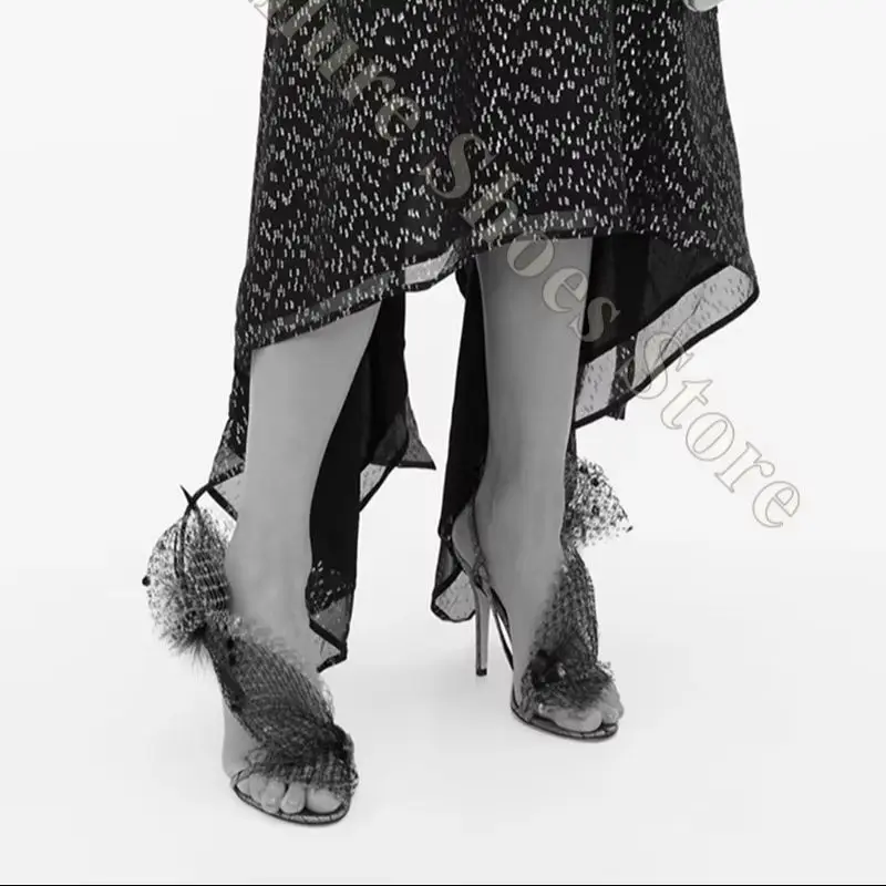 Satin Heeled Sandals With Netting And Feather Details Open Toe Design Adjustable Ankle Strap For Bridal And Formal Events