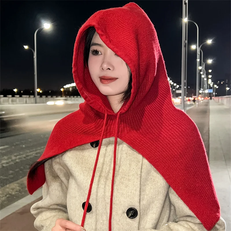 Autumn Winter Wool Knitted Shawl Hat Integrated Korean Edition Multi functional Warm High end External Wearing Scarf for Women