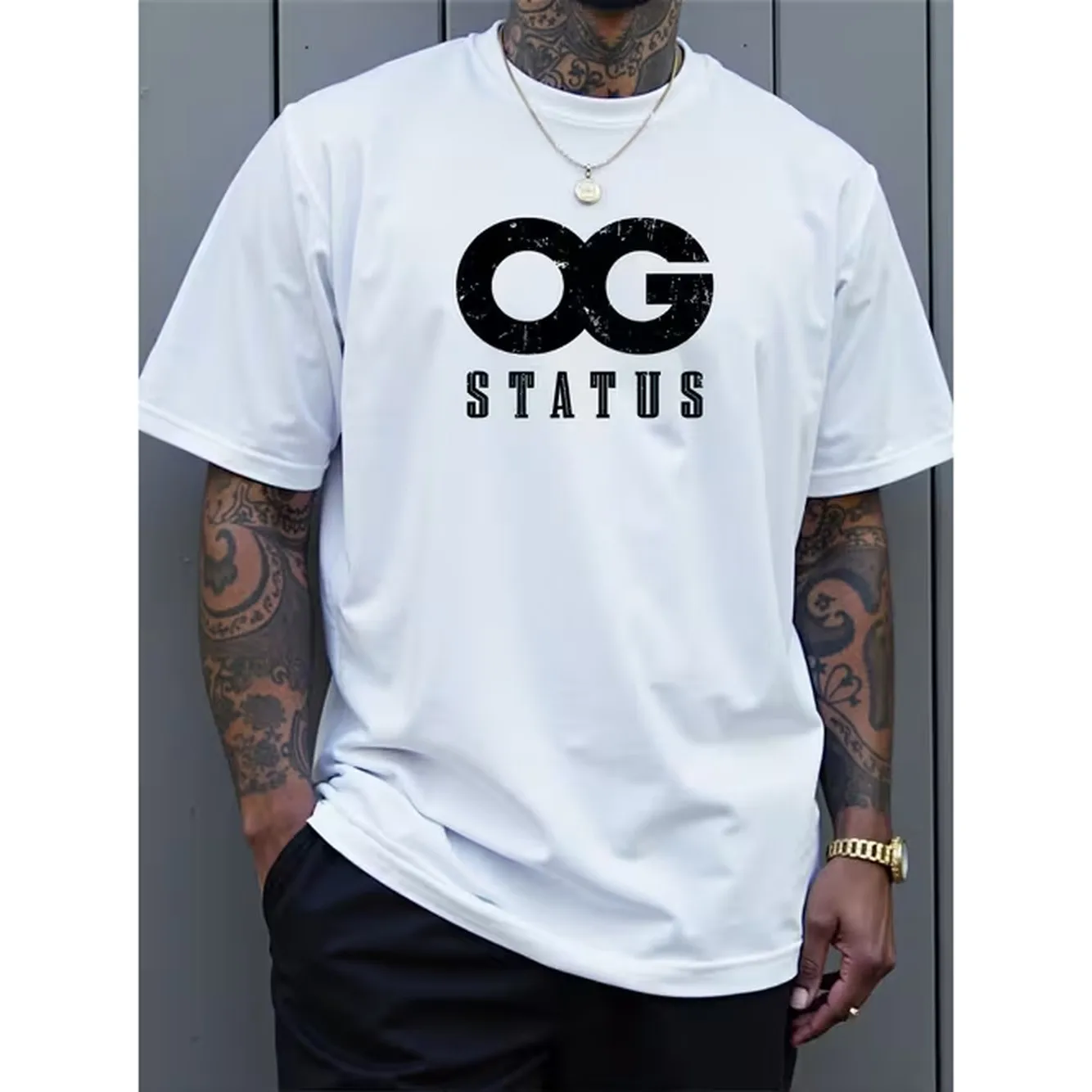 Men'S Large 'Og Status' Graphic T-Shirt - Bold White Og Lettering Crew Neck Short Sleeve Shirt, Casual Summer Streetwear With Comfortable Fit & Machine Washable Suitable For Casual Attire, Gym, Lounge, Plus Size