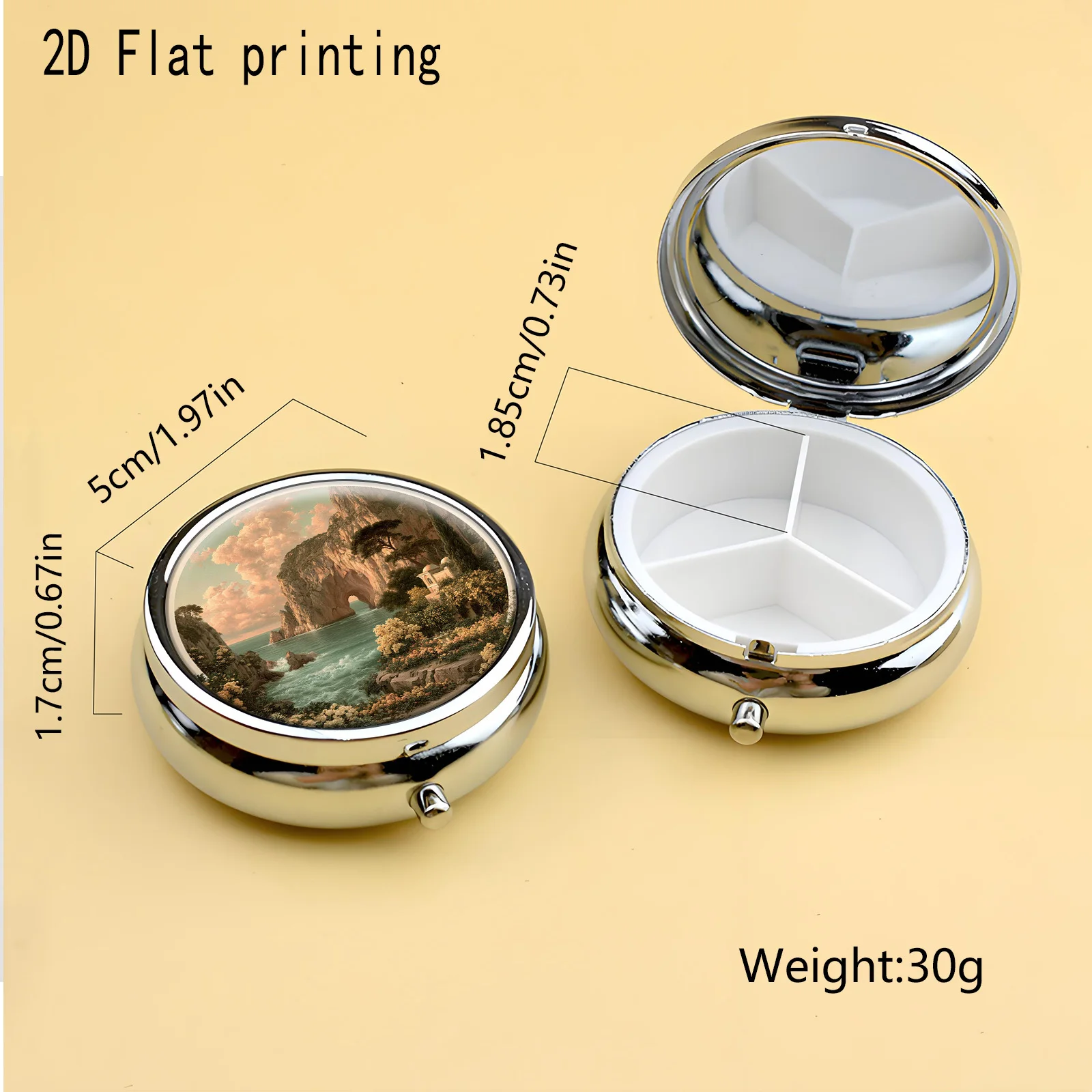 1Pc Round Metal Pill Box with Flat Printing Featuring Ocean Sunset and Sea Stack Design, 3 Compartment Medicine Case for Storing Vitamins and Tablets, Compact Travel Pill Organizer Fits Purse Pocket