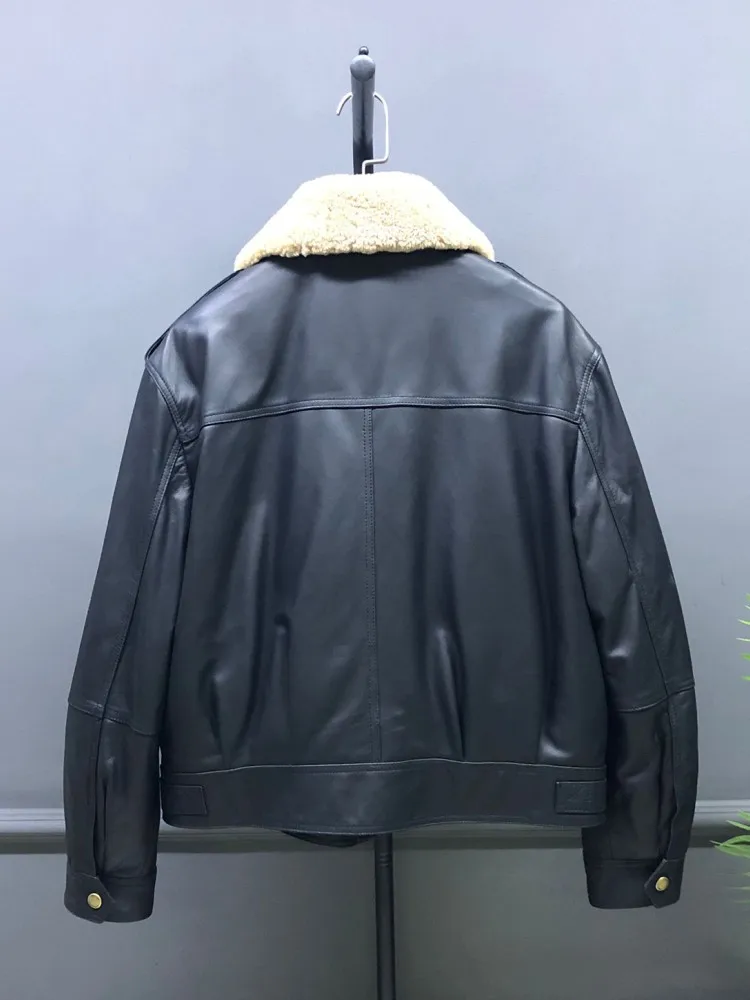 Piumino femminile in vera pelle Colletto in lana d'agnello di lusso Giacca ampia Addensare caldo capispalla in pelle di pecora Lady Fashion Winter