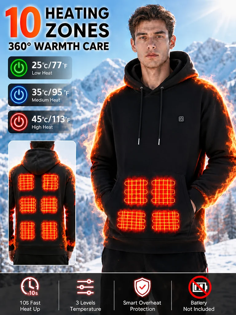Men's Winter Electric Heated Hoodie Smart Thermo Sweatshirt Adjustable 3 Levels Heat Not including Power Bank for Outdoor Commuting Camping