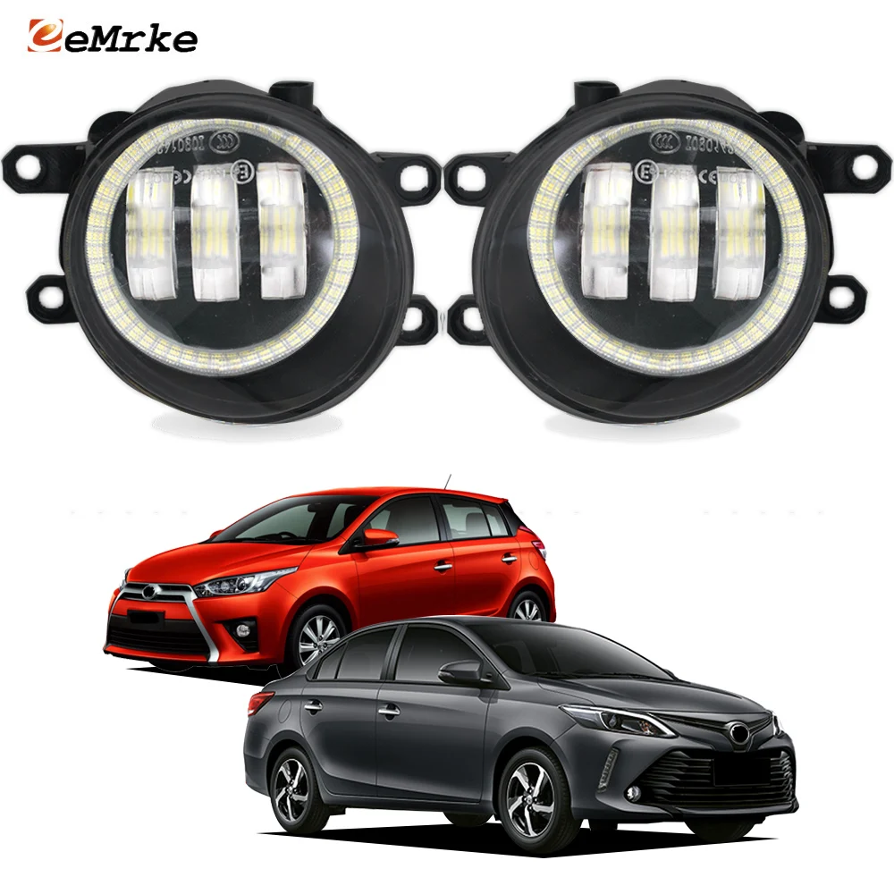 2x Led Fog Lights PTF for Toyota Yaris XP130 2013 2014 2015 2016 2017 with Clear Lens Angel Eyes Car DRL Daytime Running Lamp