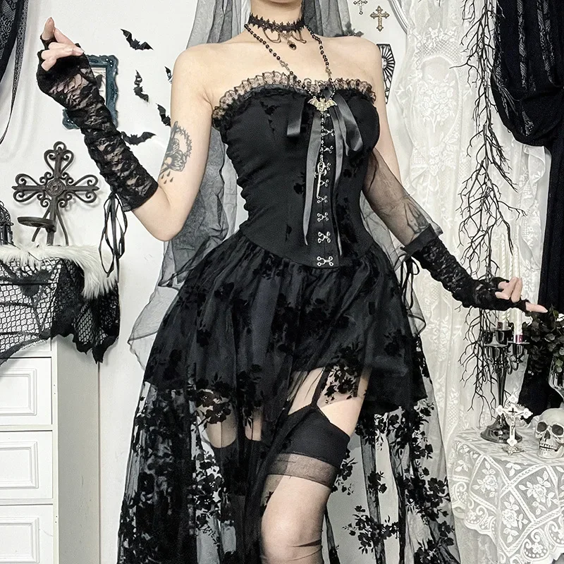 

2025 New Gothic Dark Elegant Dress Women Retro Aesthetic Fairycore Grunge Florals Mesh Patchwork High Waist Corset Dresses Woman