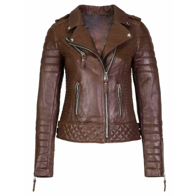 

Trendy Women Genuine Sheepskin Pure Leather Brown Jacket Soft Quilted Biker Coat