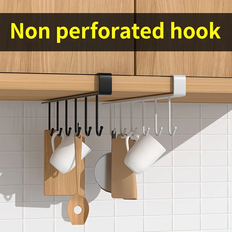 1pc Multifunctional Kitchen Nail-Free Hook Shelf, Kitchen 6-Hook Organizer, Multifunctional Wardrobe Cloth Organizer