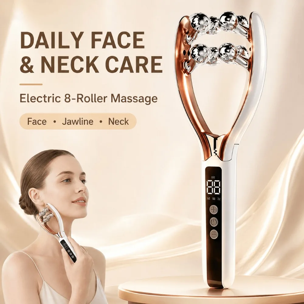EMS Facial Massager, 3D Face Roller, Heated Vibrating V Face Lifting Jawline Double Chin Care, Portable Rechargeable for Travel