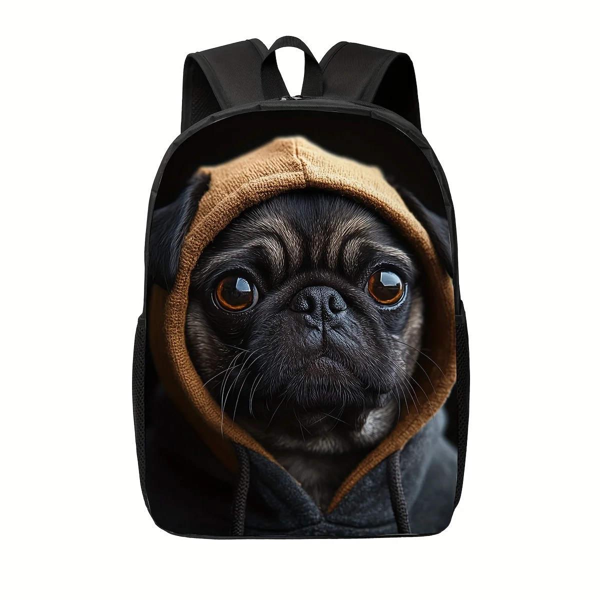 

Trendy cute pug hooded design backpack for both men and women. With spacious commuter straps, washable fabric, safety zippern