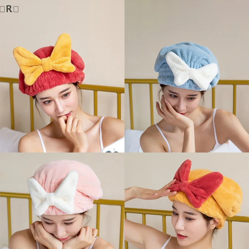 〔R〕Coral Velvet Hair Drying Towels Super Absorbent Turban Hair Towel Cap Quick Dry Head Wrap Bow-Knot Shower Cap For Wet Hair