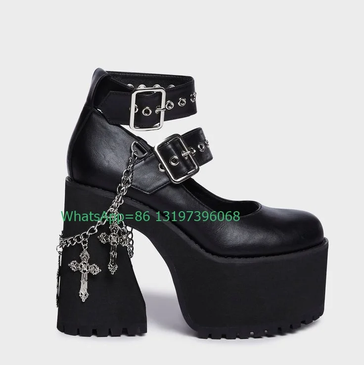 Lady platform buckle strap punk Mary Janes shoes black meatl chian design pumps hollow footwear cut-out gothic style shoes size