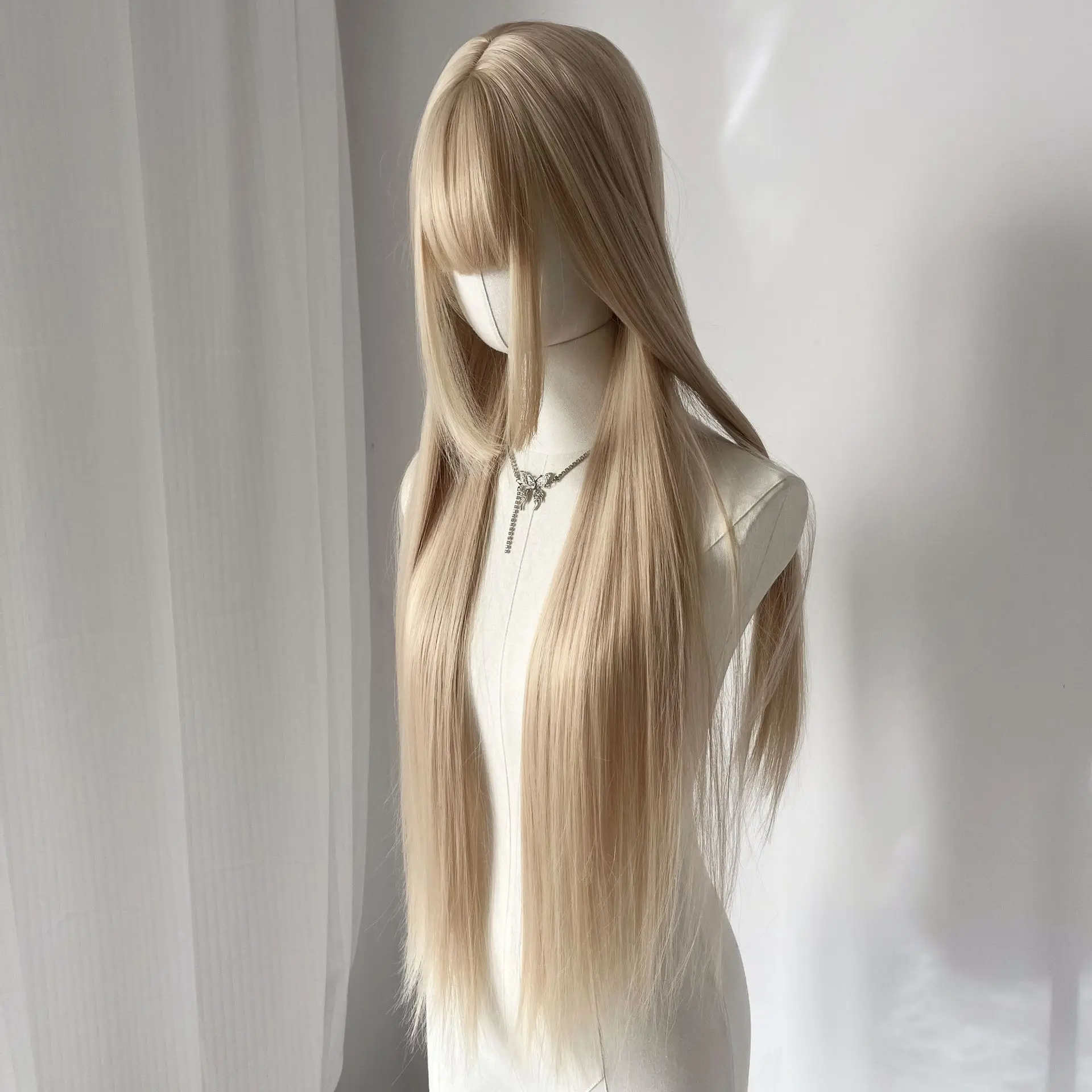 Weißgoldene Perücke weiblich 85 cm langes glattes Haar helle Farbe weibliche Gruppe Haarfarbe natürliche Simulation ganze Oberseite Vollkopfperücke Cov