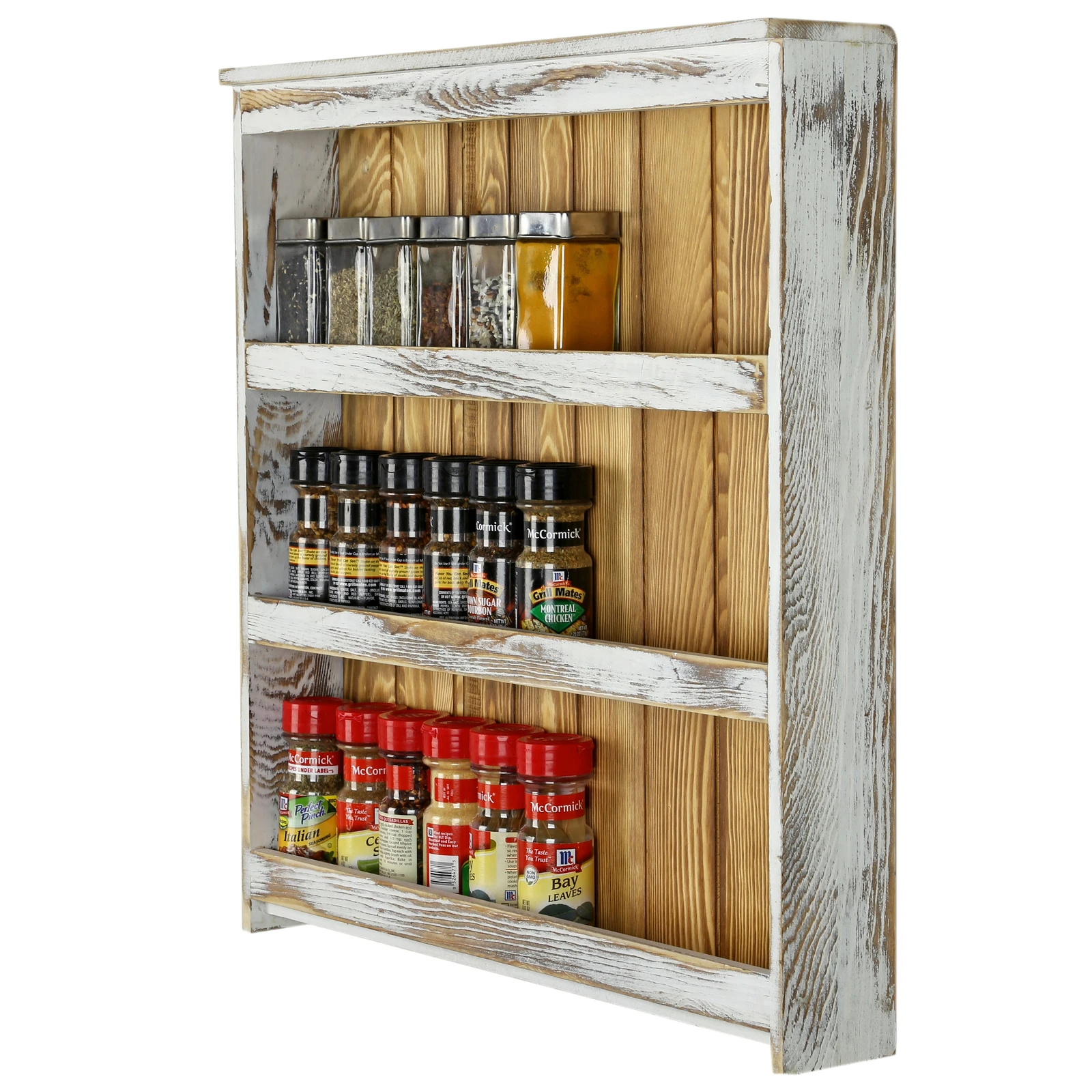 

3 Tier White and Brown Wood Kitchen Wall Mounted Spice Rack Hanging Spice Shelf