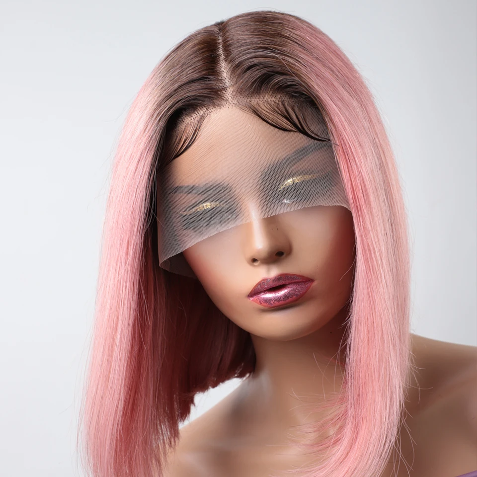Short Cut Colored Pink Bob T Part Lace Wigs Human Hair Wigs 180D Transparent Ombre Pink Brazilian Straight Lace Front Wigs