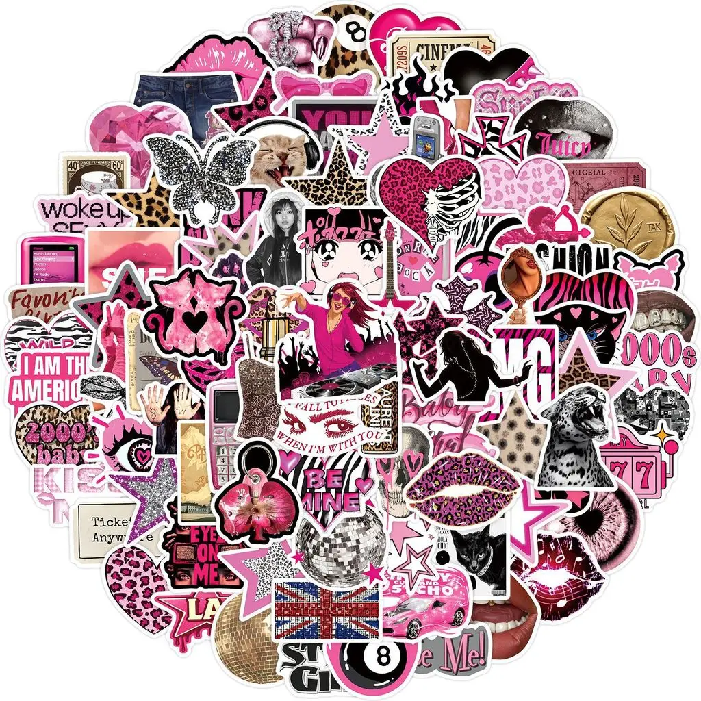 100Pcs Y2K Pink Aesthetic Stickers Retro 2000s Leopard Print Waterproof Vinyl Stickers for Journal Water Bottle