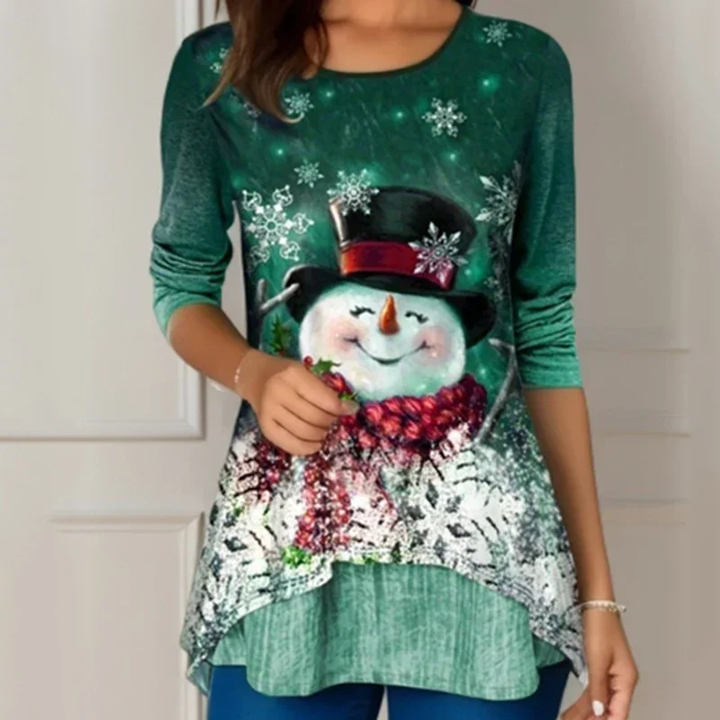 Primavera otoño nuevos productos sueltos Vintage Navidad Tops ropa Casual estampado navideño mujer camiseta cuello redondo señoras mangas largas