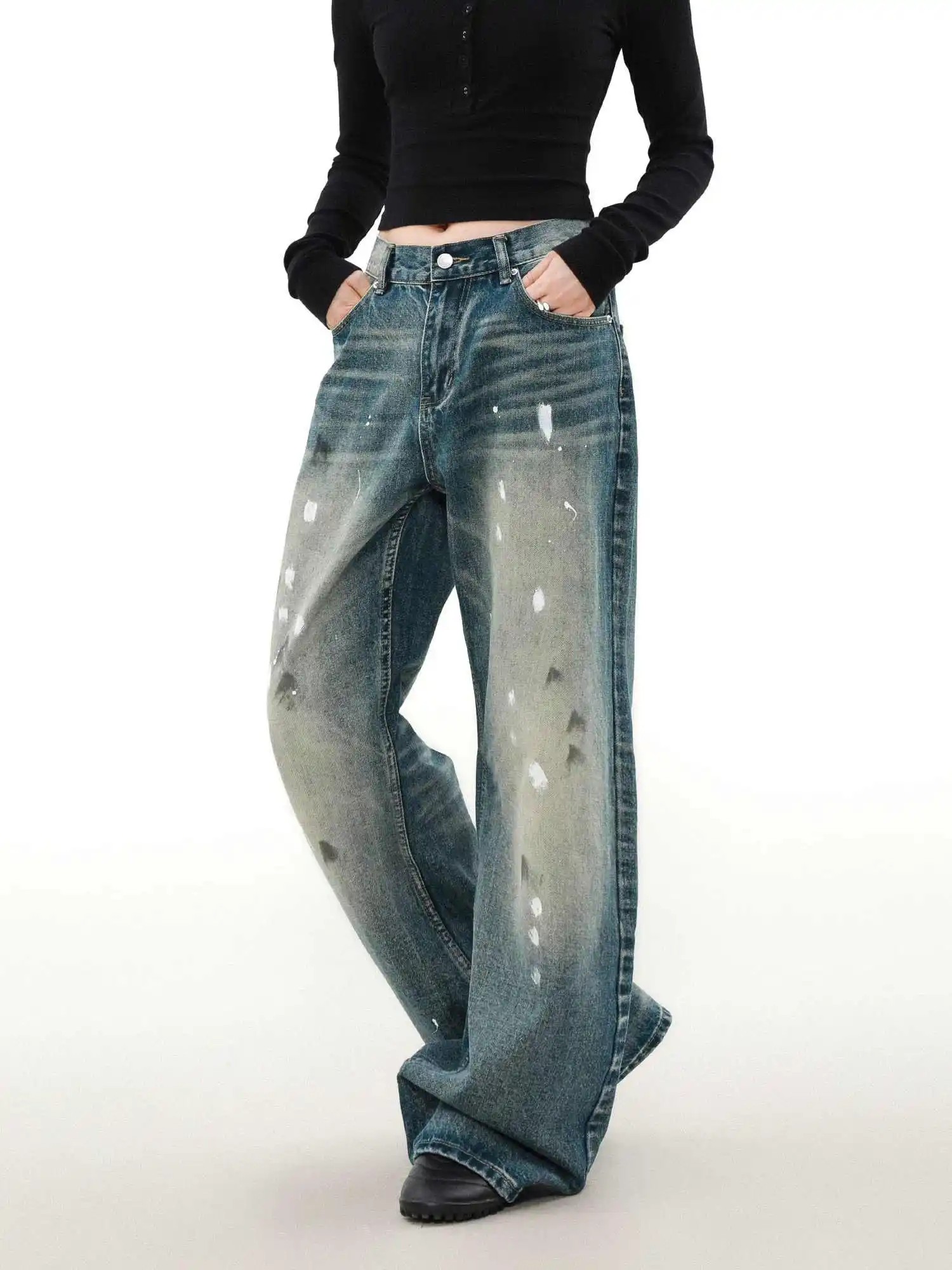 Women's Blue Y2k Graffiti Jeans Japanese 2000s Style Boyfriend Jean Pants Vintage Harajuku Baggy Grunge Hip Hop Denim Trousers