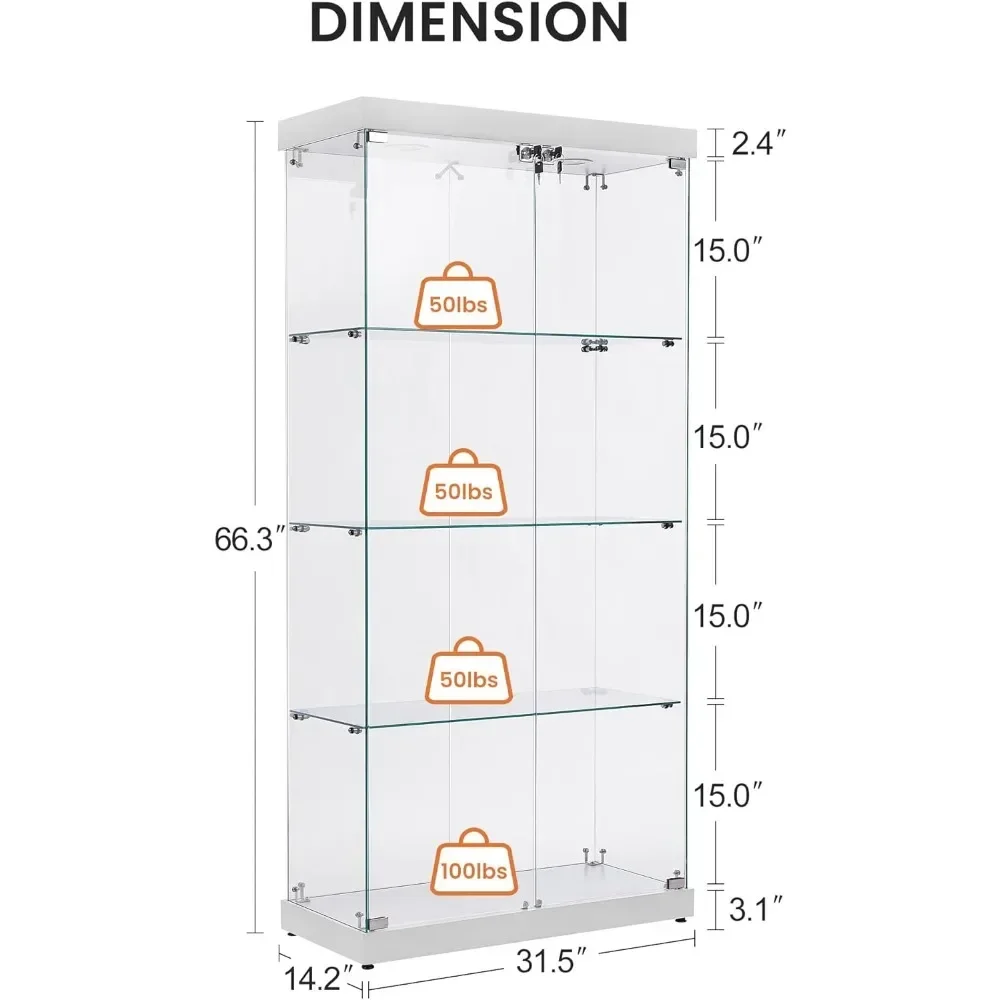 XMSJ-vitrina de vidrio de 4 niveles con 66,3 pulgadas, vitrina de vidrio de doble puerta, estantería de vidrio, armario de almacenamiento de pie