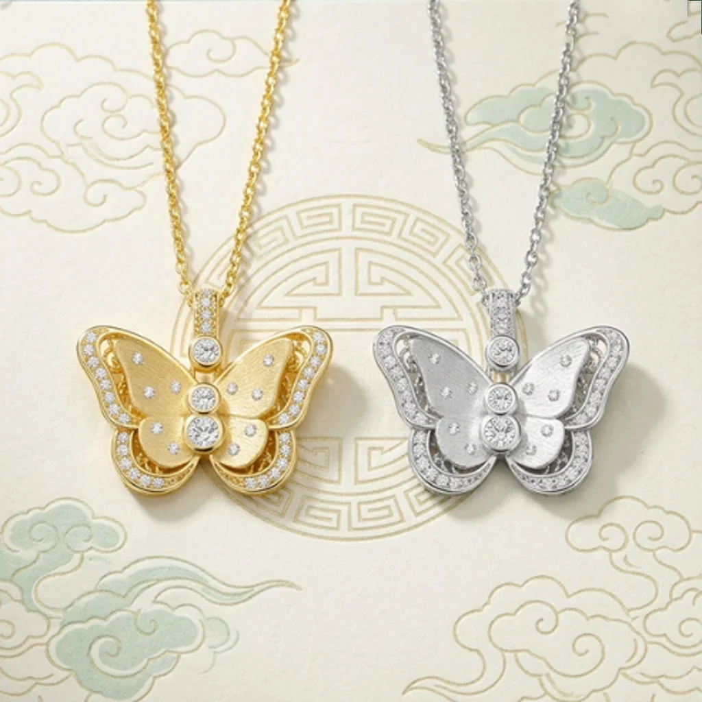 New S925 sterling silver vintage fashion Buchirati style gold-plated inlaid moissanite butterfly pendant Valentine's Day Gift