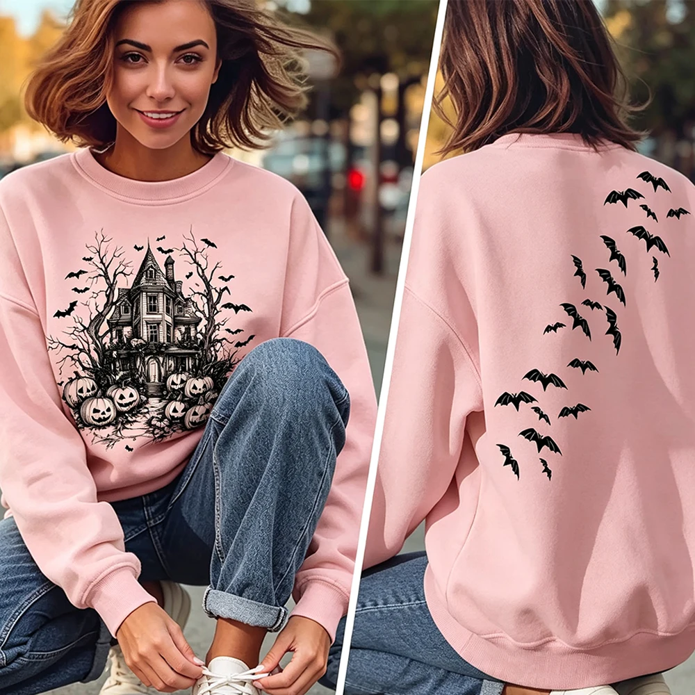 Haunted House Pumpkin Bat Halloween Print Women Long Sleeve Pullover Vintage Spooky Manor Bat Pattern Casual Autumn Wear