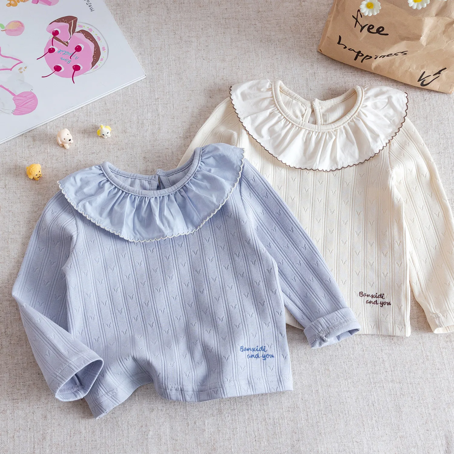 Girls Long-sleeved T-shirt 2026 Spring Autumn Tops for Kids Lotus Leaf Collar Loose Cotton Children Bottom Toddler Undershirts
